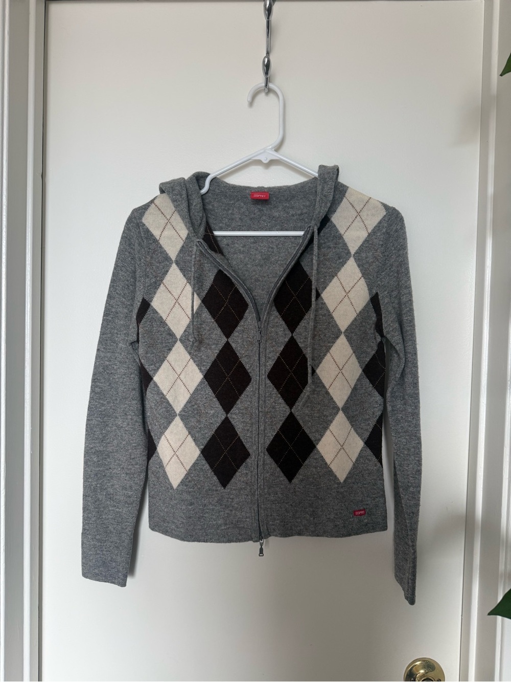 Esprit Merino Wool Argyle Zip Hoodie Sweater Small Gray Cream Brown
